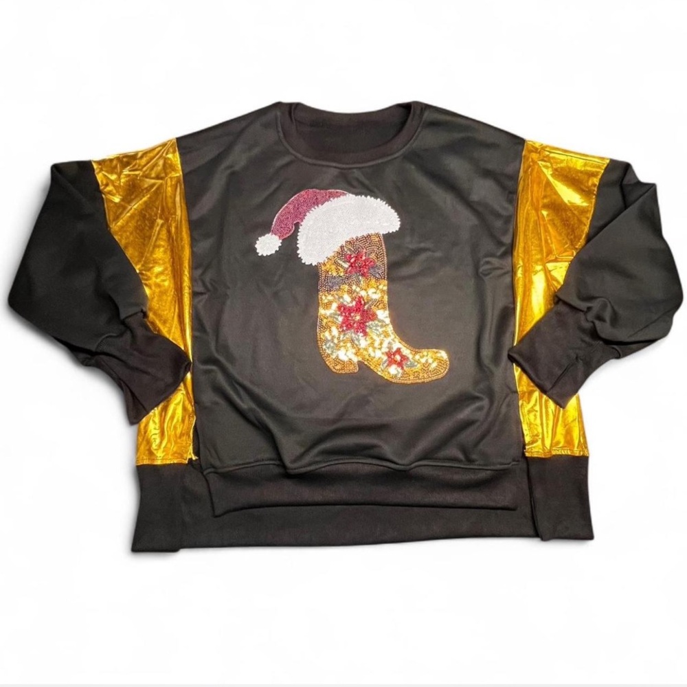 NWT Boot Santa Hat Sequin with Gold Trim Sweatshirt, OS